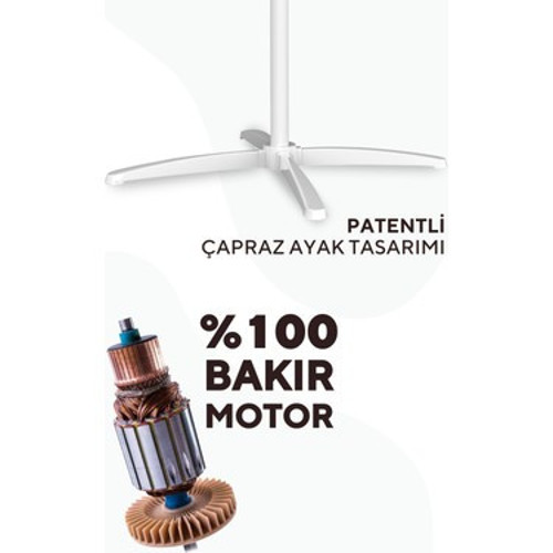 Beyaz 16 İnç Ayaklı Vantilatör, 3 Kanatlı Ayarlanabilir Yükseklik