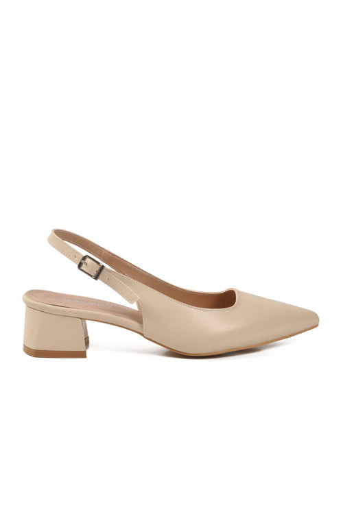 Bej Kalın Kısa Topuklu Slingback Kadın Abiye Ayakkabı