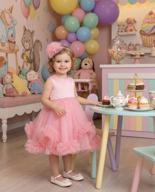 Kız Çocuk Tüllü Pembe Abiye Elbise Volanlı Etek Prenses Model Abiye Elbise Taç Hediyeli 1-5 Yaş