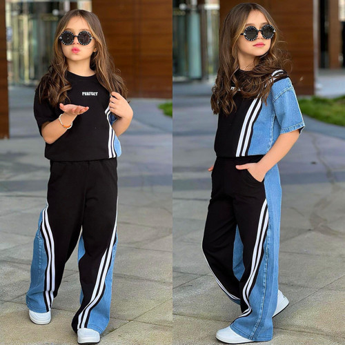 Kız Çocuk Çizgi Detaylı Denim Garnili Eşofman Takımı – Rahat & Trend Stil 6492 Siyah