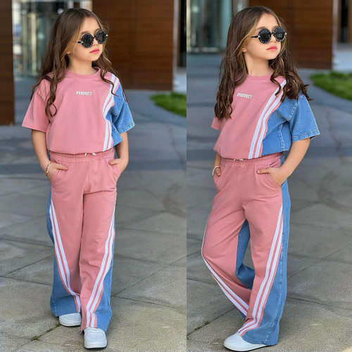 Kız Çocuk Çizgi Detaylı Denim Garnili Eşofman Takımı – Rahat & Trend Stil 6492 Pembe