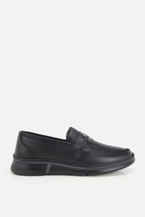 Erkek Siyah Deri Metal Tokalı Klasik Loafer