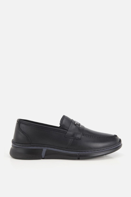 Erkek Siyah Deri Metal Tokalı Klasik Loafer
