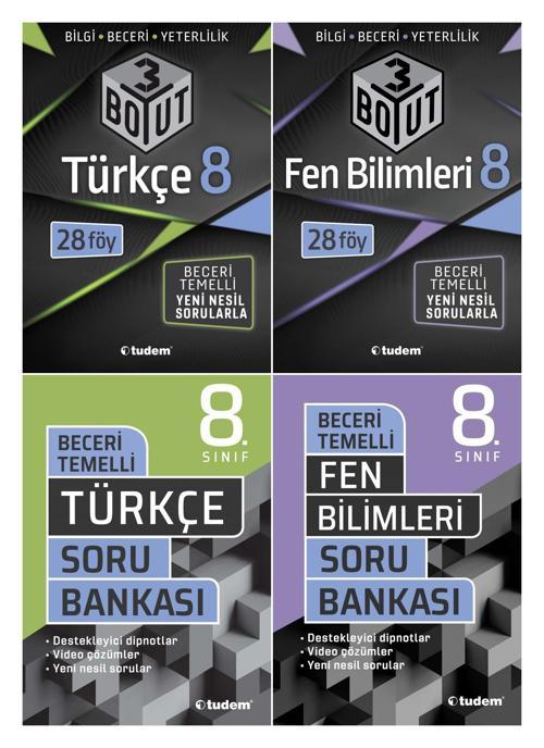 Tudem 8. Sınıf Türkçe + Fen Bilimleri 3 Boyut + Beceri Soru Seti 4 Kitap 2023