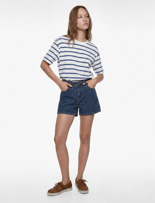 Kemer Detaylı Çizgili Regular Fit Pamuklu Mini Denim Şort