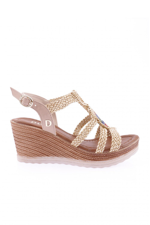Kadın Dolgu Taban T-Strap Hasır Örgü Arkası Lastikli Sandalet Bej 21212328