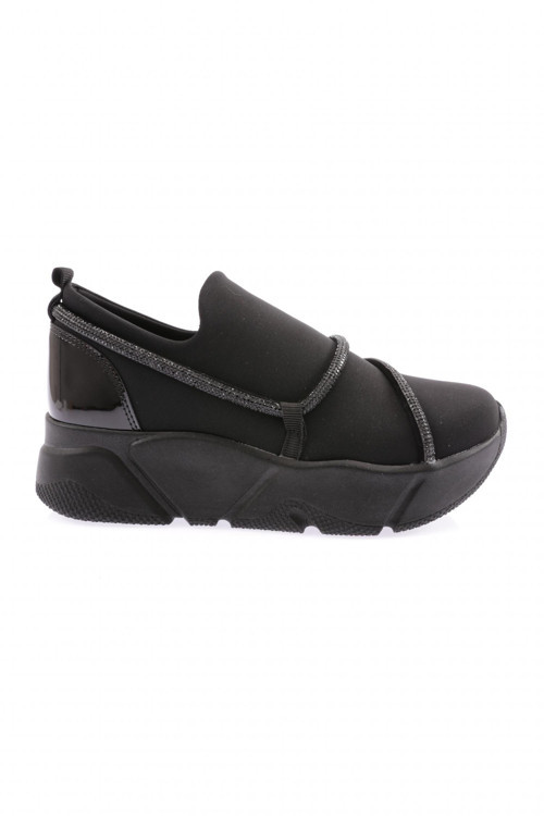 Kadın Strech Taşlı İp Detaylı Mega Kalın Taban Sneakers Ayakkabı Siyah Siyah 237113116