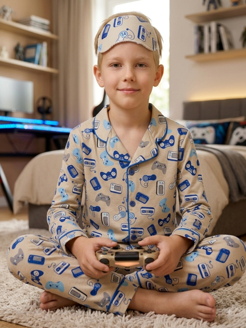 Erkek Çocuk Pamuklu Oyun Konsolu Desenli Uzun Kollu Pijama Takımı + Göz Bandı