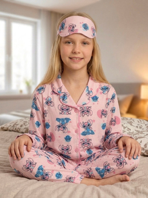 Kız Çocuk Pembe Karakter Desenli Uzun Kollu Pijama Takımı + Göz Bandı