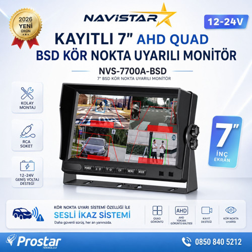 7 inç Kayıtlı AHD Quad Araç Monitörü - Sesli BSD Kör Nokta Uyarılı, 12-24V, RCA Soketli