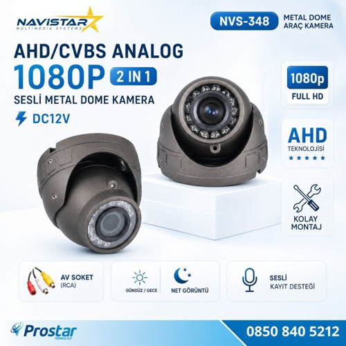 Mikrofonlu AHD 1080P/Analog CVBS Pal Araç içi Metal Dome Kamera RCA Sarı soketli, IR Gece Görüşlü