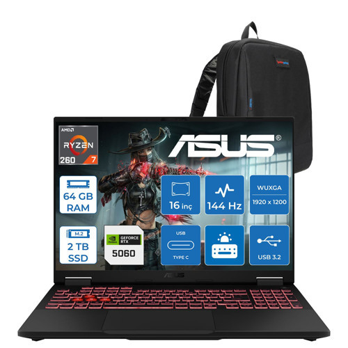Tuf Gaming A16 FA608UMI Amd Ryzen™ 7 260 Aı 64GB Ddr5 2tb SSD 8GB/RTX5060 115W 16-Inch Fhd+ 1920 x 1200, 144Hz 3ms IPS-SRGB:100% Freedos Gaming Laptop WTU166F29+ZETTAÇANTA