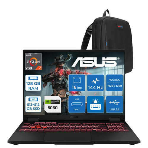 Tuf Gaming A16 FA608UMI Amd Ryzen™ 7 260 Aı 128GB Ddr5 512GB SSD+512GB SSD 8GB/RTX5060 115W 16-Inch Fhd+ 1920 x 1200, 144Hz 3ms IPS-SRGB:100% Freedos Gaming Laptop WTU166P50+ZETTAÇANTA