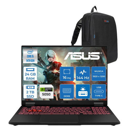 Tuf Gaming F16 FX608JHI Intel Core I5 14450HX 24GB Ddr5 2tb SSD 8GB/RTX5050 115W 16" Fhd+ 16:10 (1920 x 1200, Wuxga), IPS sRGB:100.00%,144Hz Freedos Gaming WTU23F05+ZETTAÇANTA