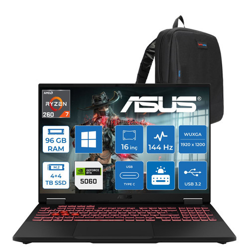 Tuf Gaming A16 FA608UMI Amd Ryzen™ 7 260 Aı 96GB Ddr5 4tb SSD +4tb SSD 8GB/RTX5060 115W 16-Inch Fhd+ 1920 x 1200, 144Hz 3ms IPS-SRGB:100% WINDOWS11PRO Gaming Laptop WTU166P48+ZETTAÇANTA
