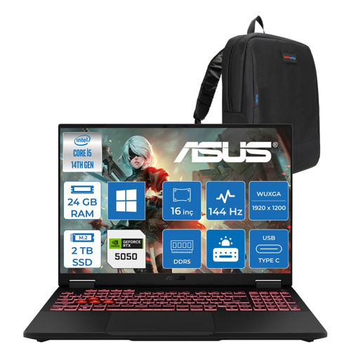 Tuf Gaming F16 FX608JHI Intel Core I5 14450HX 24GB Ddr5 2tb SSD 8GB/RTX5050 115W 16" Fhd+ 16:10 (1920 x 1200, Wuxga), IPS sRGB:100.00%,144Hz WINDOWS11HOME Gaming WTU23H05+ZETTAÇANTA