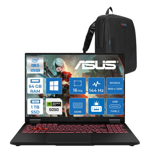 Tuf Gaming F16 FX608JHI Intel Core I5 14450HX 64GB Ddr5 1tb SSD 8GB/RTX5050 115W 16" Fhd+ 16:10 (1920 x 1200, Wuxga), IPS sRGB:100.00%,144Hz WINDOWS11PRO Gaming WTU23P27+ZETTAÇANTA