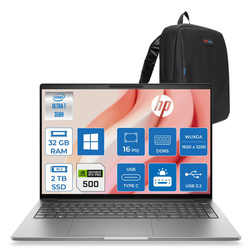 Zbook 8 G2I Ws Intel Core Ultra7 356H Aı 32GB Ddr5 2tb SSD 6GB/RTXPRO500 Blackwell 16 Inç Wuxga (1920 x 1200) IPS 400NIT WIN11HOME Taşınabilir Mobil Iş Istasyonu WSDN5Z2EAH14+ZETTAÇANTA