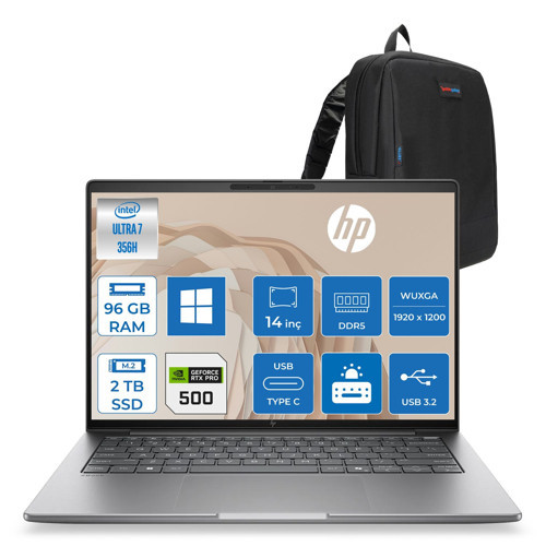 Zbook 8 G2I Ws Intel Core Ultra7 356H Aı 96GB Ddr5 2tb SSD 6GB/RTXPRO500 Blackwell 14 Inç Wuxga (1920 x 1200) IPS 300NIT WIN11PRO Taşınabilir Mobil Iş Istasyonu WSDN5Y7EAP34+ZETTAÇANTA