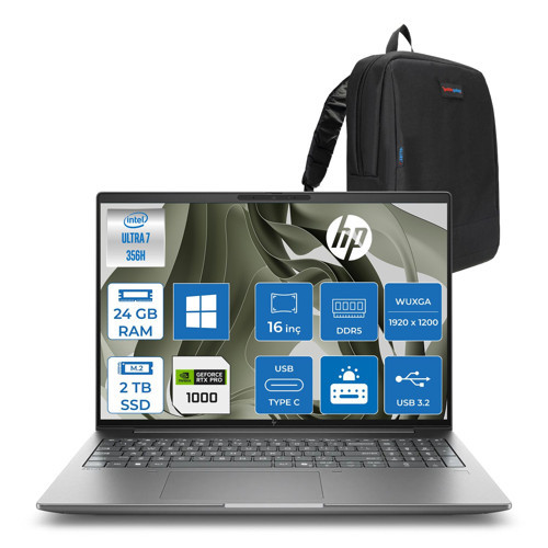 Zbook 8 x G2I Ws Intel Core Ultra7 356H Aı 24GB Ddr5 2tb SSD 8GB/RTXPRO1000 Blackwell 16 "WUXGA(1920X1200)IPS 400NIT %100 Srgb WIN11PRO Taşınabilir Mobil Iş Istasyonu WSDN9T2ESP09+ZETTAÇANTA