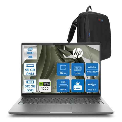 Zbook 8 x G2I Ws Intel Core Ultra7 356H Aı 96GB Ddr5 512GB SSD 8GB/RTXPRO1000 Blackwell 16 "WUXGA(1920X1200)IPS 400NIT %100 Srgb Freedos Taşınabilir Mobil Iş Istasyonu WSDN9T2ESF32+ZETTAÇANTA