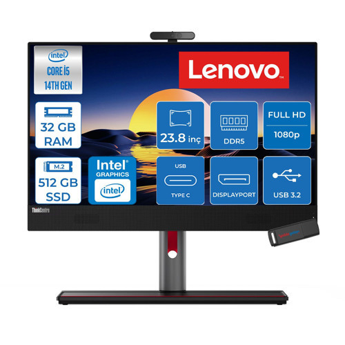 Thinkcentre M90A Gen5 Intel® Core™ I5 14400 Upto 4.7ghz 32GB Ddr5 512GB SSD Intel® UHD Graphics 770 23.8" Fhd (1920X1080) IPS 99% Srgb Freedos Allınone Bilgisayar TC12SKS50800F12+ZETTAUSBBELLEK
