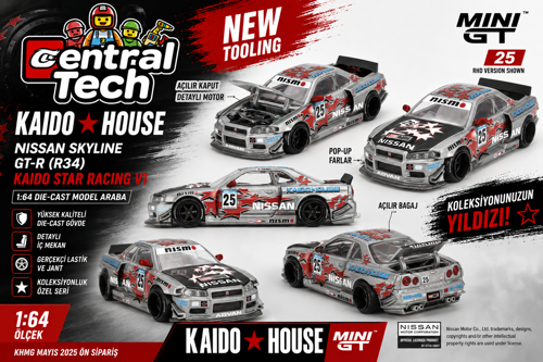 x Kaido House 1:64 Nissan Skyline GT-R R34 Kaido Star Racing V1 KHMG197 Model Araba