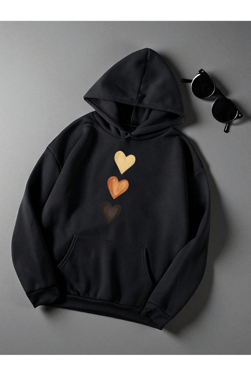 Unisex Sirali Kalp Baskılı Oversize Sweatshirt