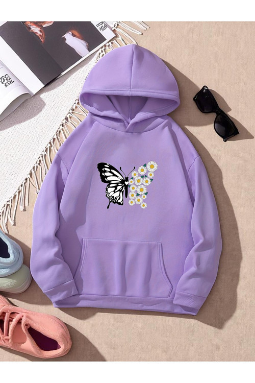 Papatya Kelebek Baskılı Oversize Sweatshirt