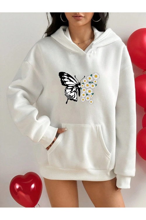 Papatya Kelebek Baskılı Oversize Sweatshirt