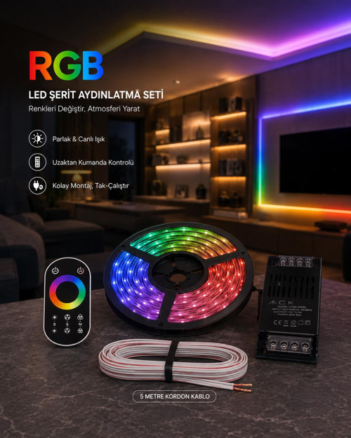 5 Mt Şerit Led / 5A Led Trafosu / 0,75 kordon kablo / Kumanda Modül Set