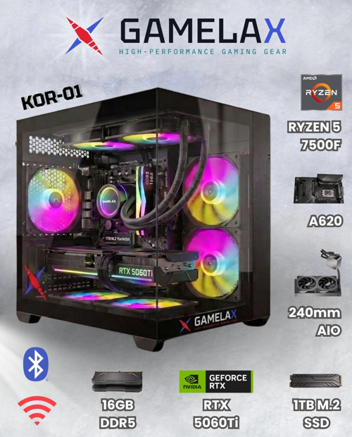 KOR-01 AMD Ryzen5 7500F RTX5060 Tİ 8GB 16GB DDR5 Ram 1TB M.2 SSD 240MM Sıvı Soğutma Wi-Fi Ma