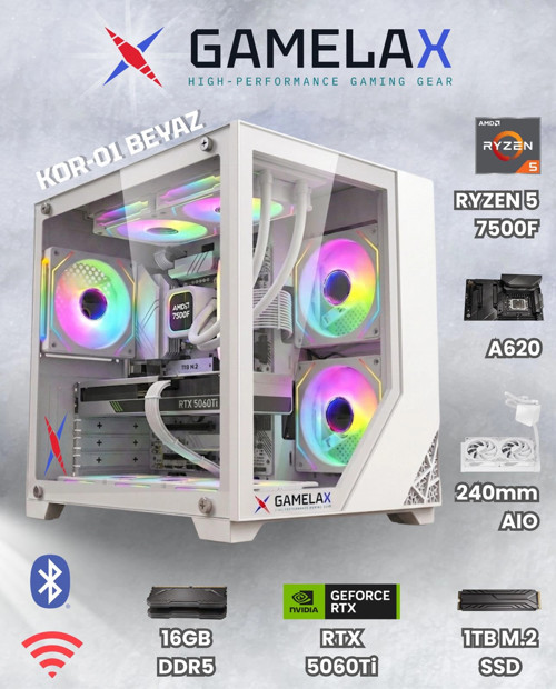 KOR-01 Beyaz AMD Ryzen5 7500F RTX5060 Tİ 8GB 16GB DDR5 Ram 1TB M.2 SSD 240MM Sıvı Soğutma Wi