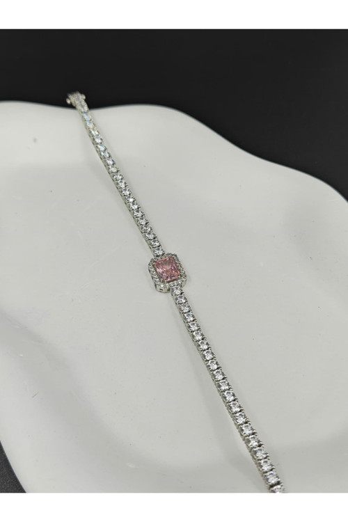 Pembe Baget Taş Detaylı Zirkon Su Yolu Çelik Bileklik