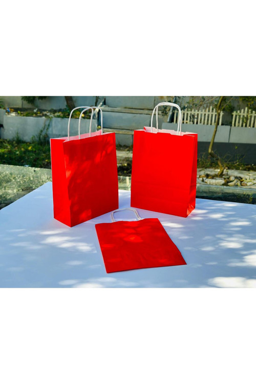 1.Kalite 18x8x24Cm 3’Lü Kırmızı Renkli Kraft Kağıt Çanta Hediye Poşeti Hediye Paketi Kraft Çanta