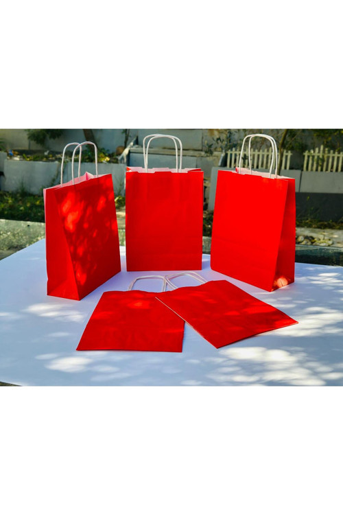1.Kalite 18x8x24 Cm 5’Li Kırmızı Renkli Kraft Kağıt Çanta Hediye Poşeti Hediye Paketi Kraft Çanta
