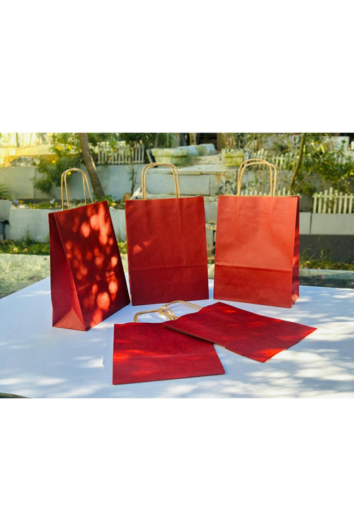1.Kalite 18x8x24 Cm 5’ Li Bordo Renkli Kraft Kağıt Çanta, Hediye Poşeti, Hediye Paketi, Kraft Çanta
