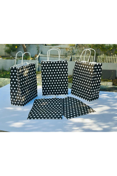 1.Kalite 18x8x24 Cm (5 Adet) Siyah Renk Beyaz Benekli Kraft Kağıt Çanta,Hediye Poşeti,Hediye Paketi