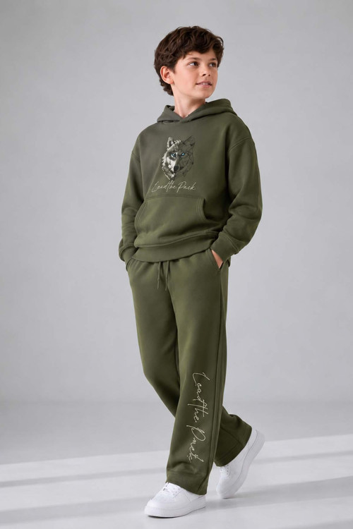 Erkek Çocuk Önü ve Arkası Kurt Çizim Baskılı Kapüşonlu Sweatshirt Yeşil Eşofman Takım