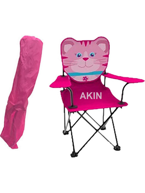 Çocuk Katlanır Kedi Desenli Plaj Sandalyesi Pembe Taşıma Çantalı