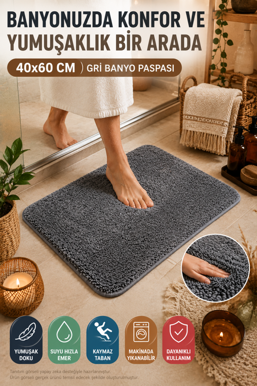 Gri Banyo Paspası Yumuşak Kaymaz Tabanlı Su Emici Makinede Yıkanabilir Ev Paspas 40x60cm