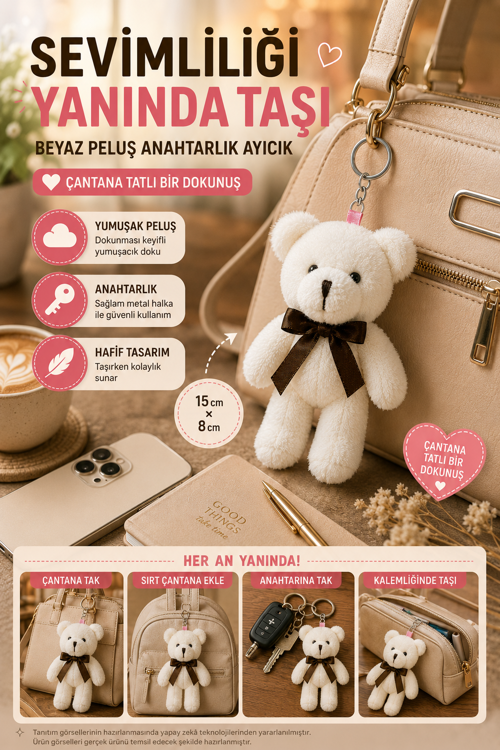 1 Adet Beyaz Peluş Ayıcık Anahtarlık 15x8 cm Çanta Sırt Çantası Anahtar Aksesuar Sevimli Fiyonk