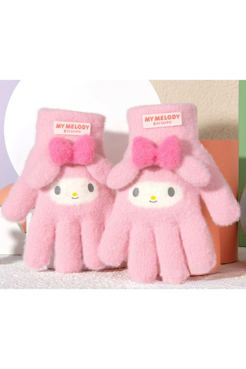 Pembe Örme Yumuşacık Sıcacık Eldiven Pembe Kulak Fiyonk 3-8 Yaş