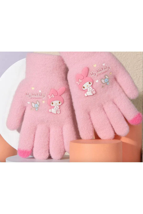 Pembe Örme Yumuşacık Sıcacık Eldiven Hello Kitty- My Melody - Pembe Parmak Ucu Detay 3-8 yaş
