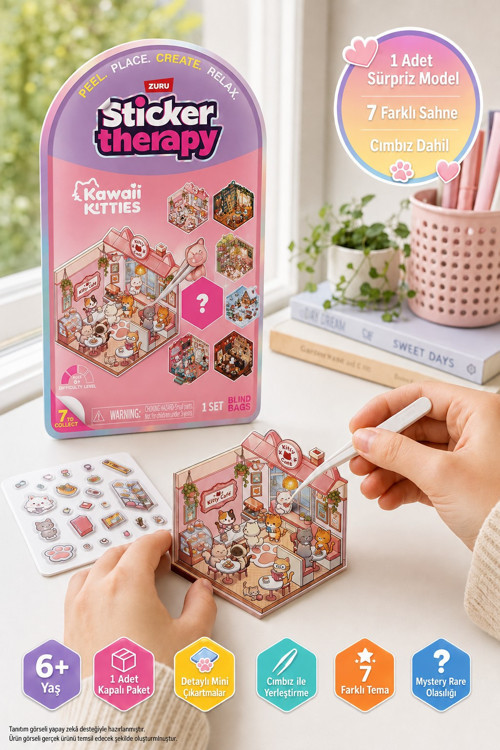 ZURU Sticker Therapy Kawaii Kitties Sürpriz Tekli Sticker Sahne Seti Cımbızlı 15x24 cm