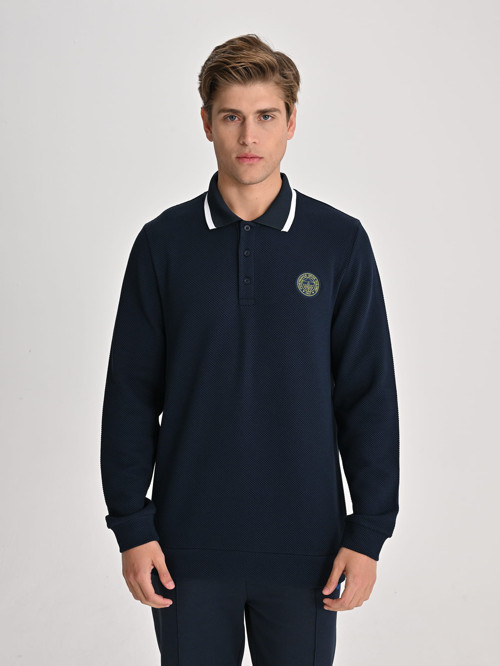 Lacivert Tribün Tek Renk Logolu Uzun Kollu Erkek Polo Tshirt