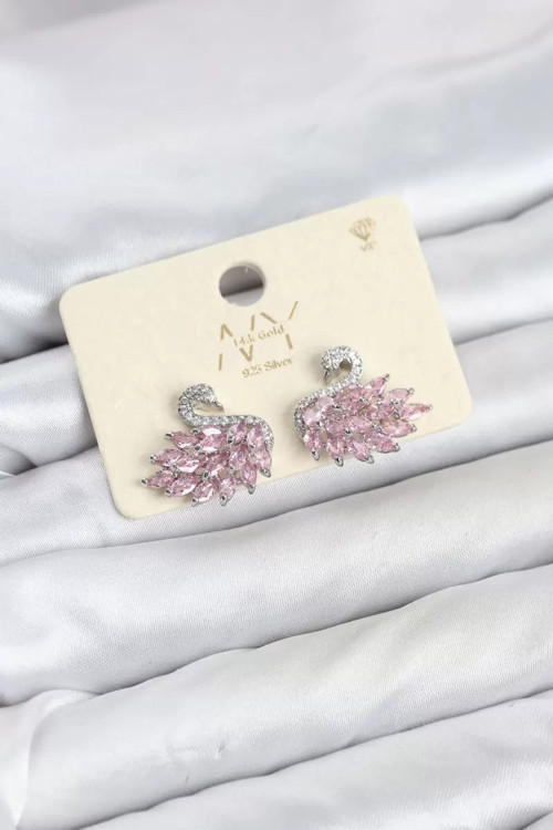 Pembe Zirkon Taşlı Gümüş Swan Kuğu Model Kadın Küpe TJ-BKP11941