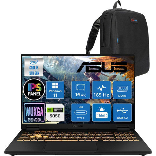 Tuf Gaming F16 FX608JH 13.nesil Intel İ5-13450HX 12GB Ddr5 1tb SSD 8GB/RTX5050 115W 165Hz 16"wuxga Fhd+ 300NITS IPS