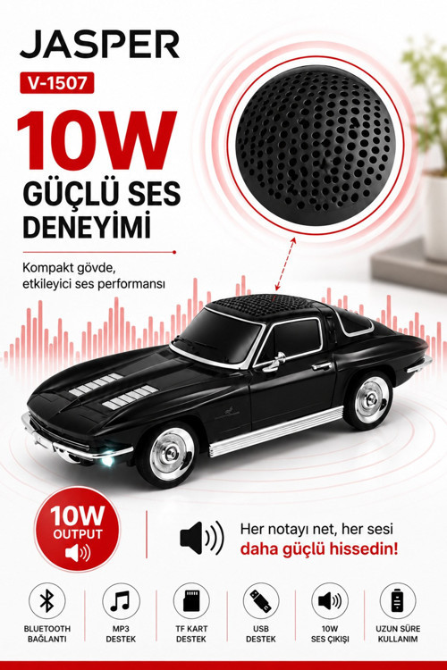 Jpr-1507 Siyah 10w Bluetooth Hoparlörlü Retro Araba Tasarım – Fm Radyo, Usb, Tf Kart, Aux Ve