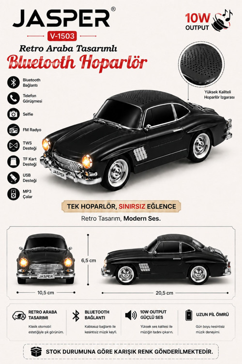 Jpr-1503 Siyah 10w Bluetooth Hoparlörlü Retro Araba Tasarım – Fm Radyo, Usb, Tf Kart, Aux Ve